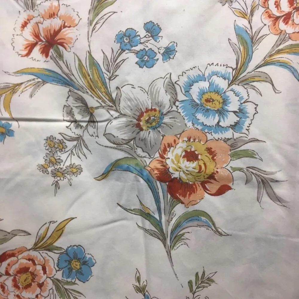 1970s JcPenny’s Cream, Peachy Rust & Blue Floral Print Twin, Fitted, Bed Sheet.